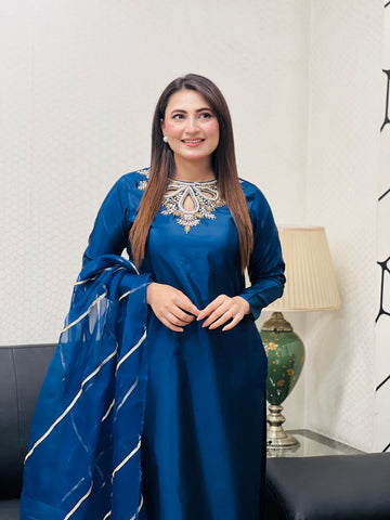 China silk 3 pc suit with handworked neckline