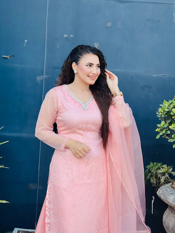 sequenced organza Shirt with silk inner and wide palazzo pants , paired with an organza dupatta