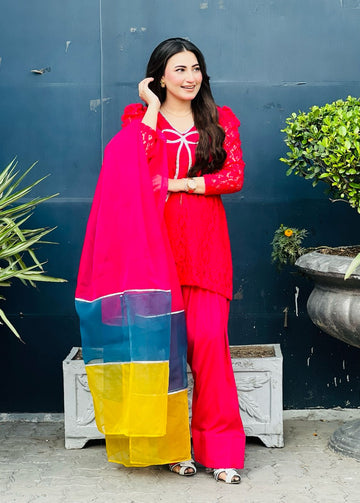 Hot pink net short shirt with farshi shalwar , an organza multi colour dupatta , bow style neckline with saroski stones