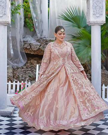 Front Open Net gown with Resham embroidery (4pc)