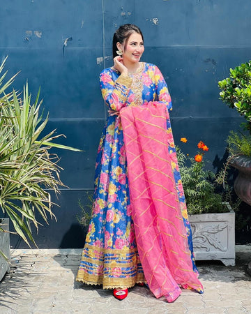 Handwork neckline,organza duppta embelilished with laces,grip Trouser