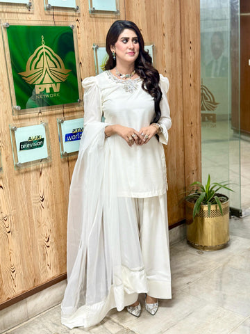Mahnoor Farshi Shalwar & Rhinestone Neckline 3(PC'S)