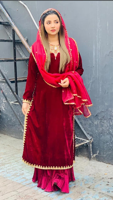 Velvet Dress neckline handmade gala with lace&crush sharara & Organza Duppta