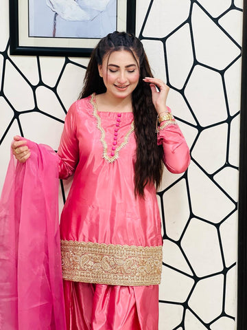 Silk fershy shalwar with short shirt embalish with handwork border with organza dupatta
