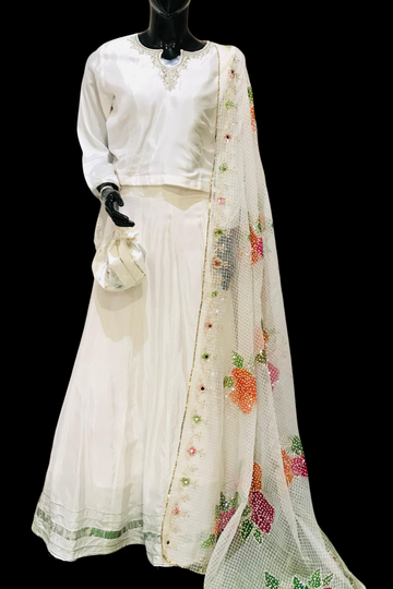 White Aura Bridal Lehenga with Colorful Embroidered Organza Dupatta