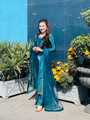 China silk long embellished shirt with bell pants and organza dupatta