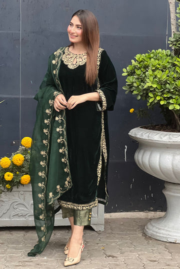 Velvet dress 3pc organza dopatta jamawar trouser shirt Embroidery