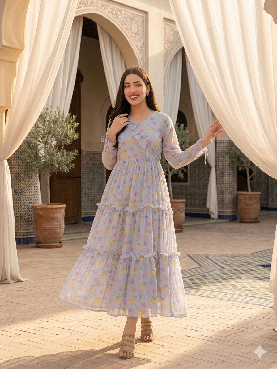 Korean Chiffon Frock With Lace Under Soft Lining Attatched (1 PC)