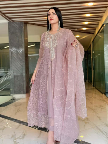 Net Embroidery Open Gown Under Soft Lining Neck (3 PC'S) SA-862