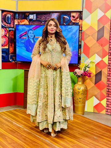 Front Open Net gown with Resham embroidery (4pc)