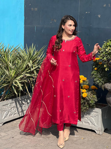 Red Rose Dress with Organza duppata