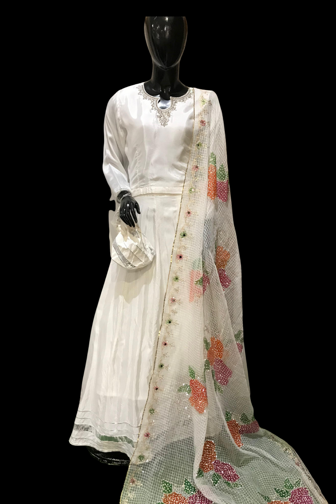 White Aura Bridal Lehenga with Colorful Embroidered Organza Dupatta