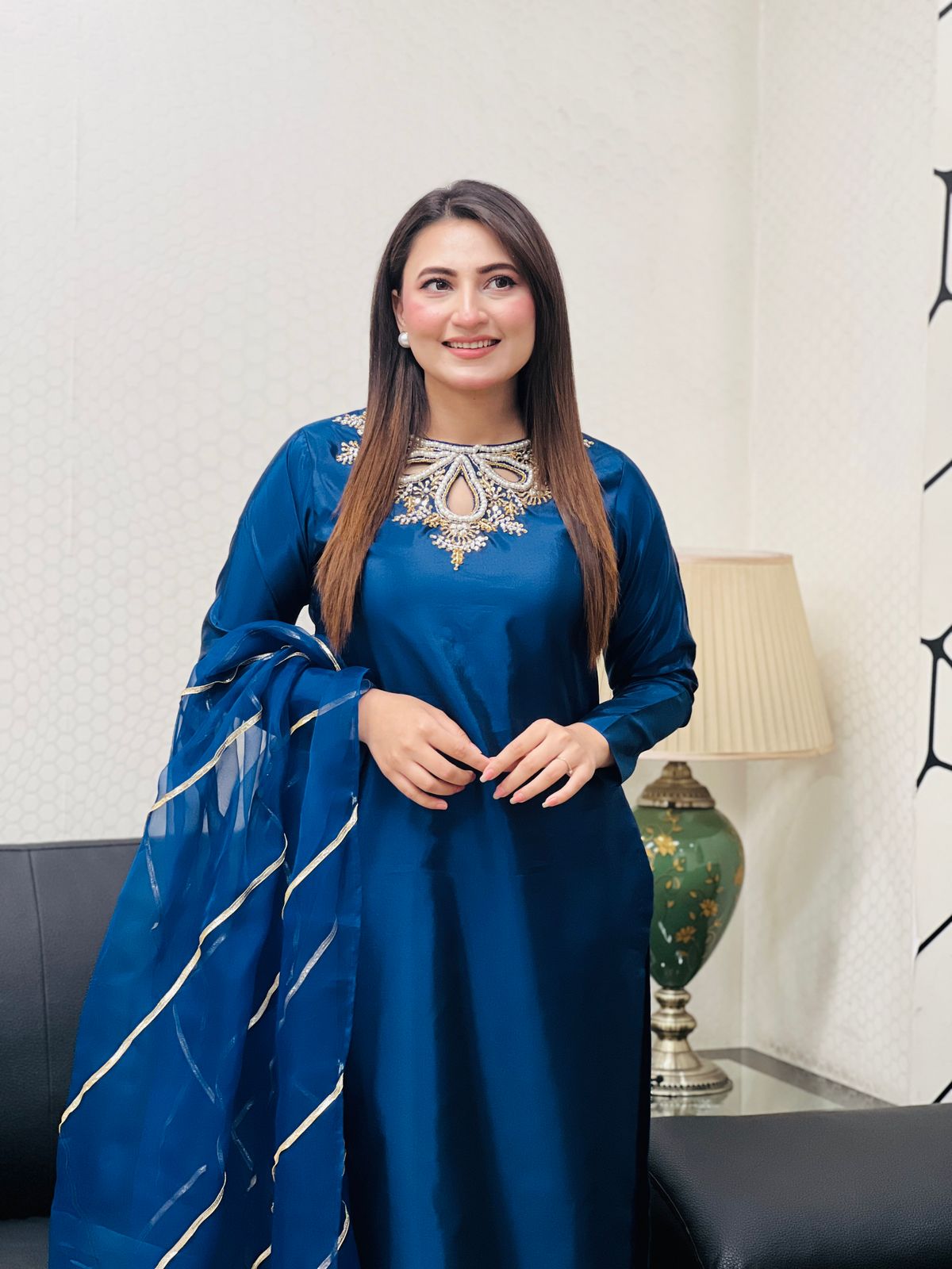 China silk 3 pc suit with handworked neckline