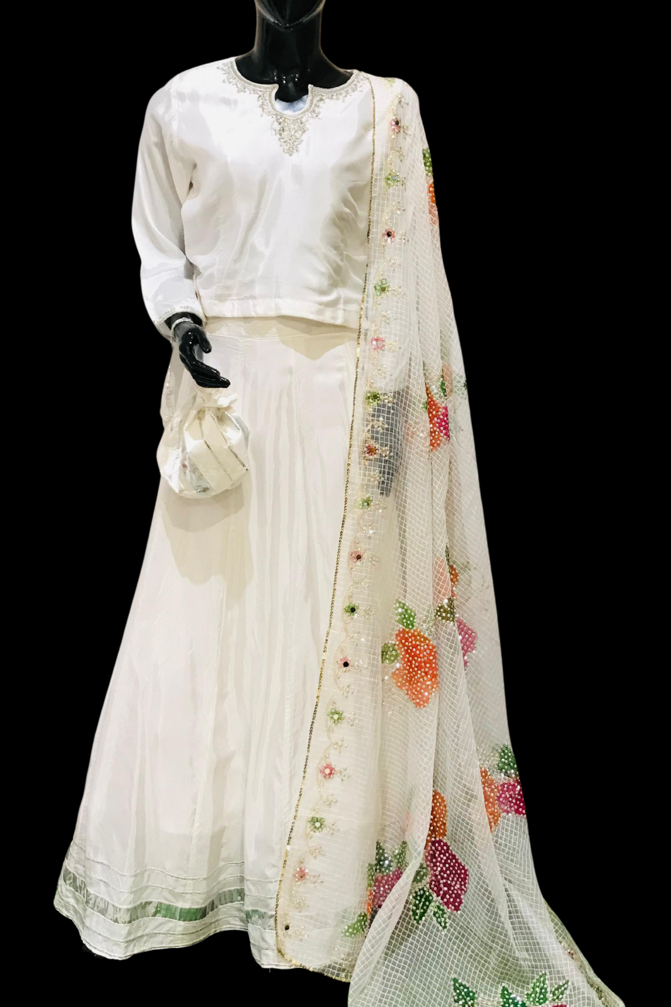 White Aura Bridal Lehenga with Colorful Embroidered Organza Dupatta