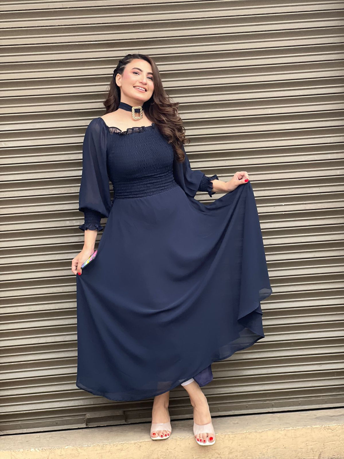 Chiffon Smoked Frock with Buckle (1 PC)