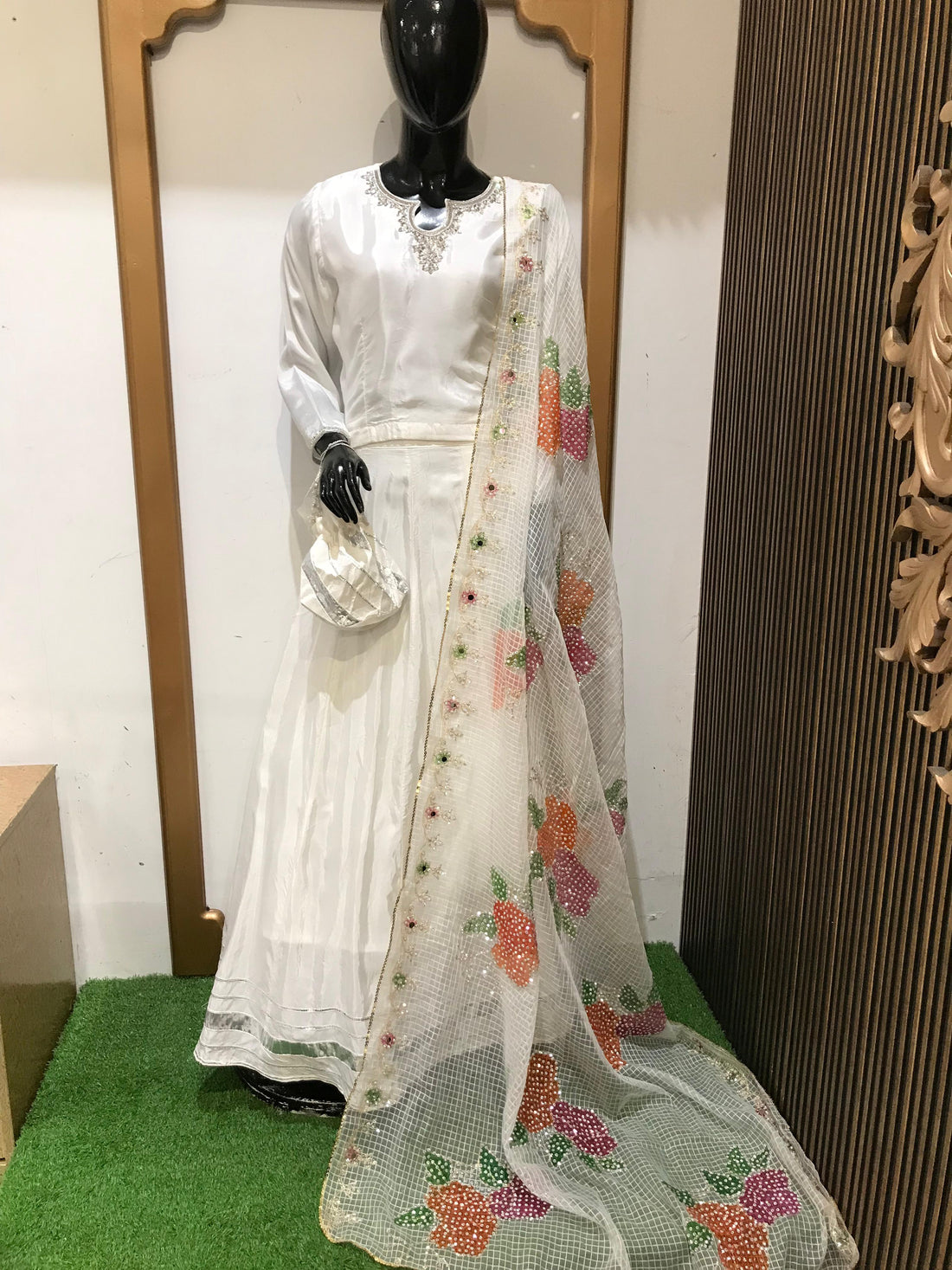 White Aura Bridal Lehenga with Colorful Embroidered Organza Dupatta
