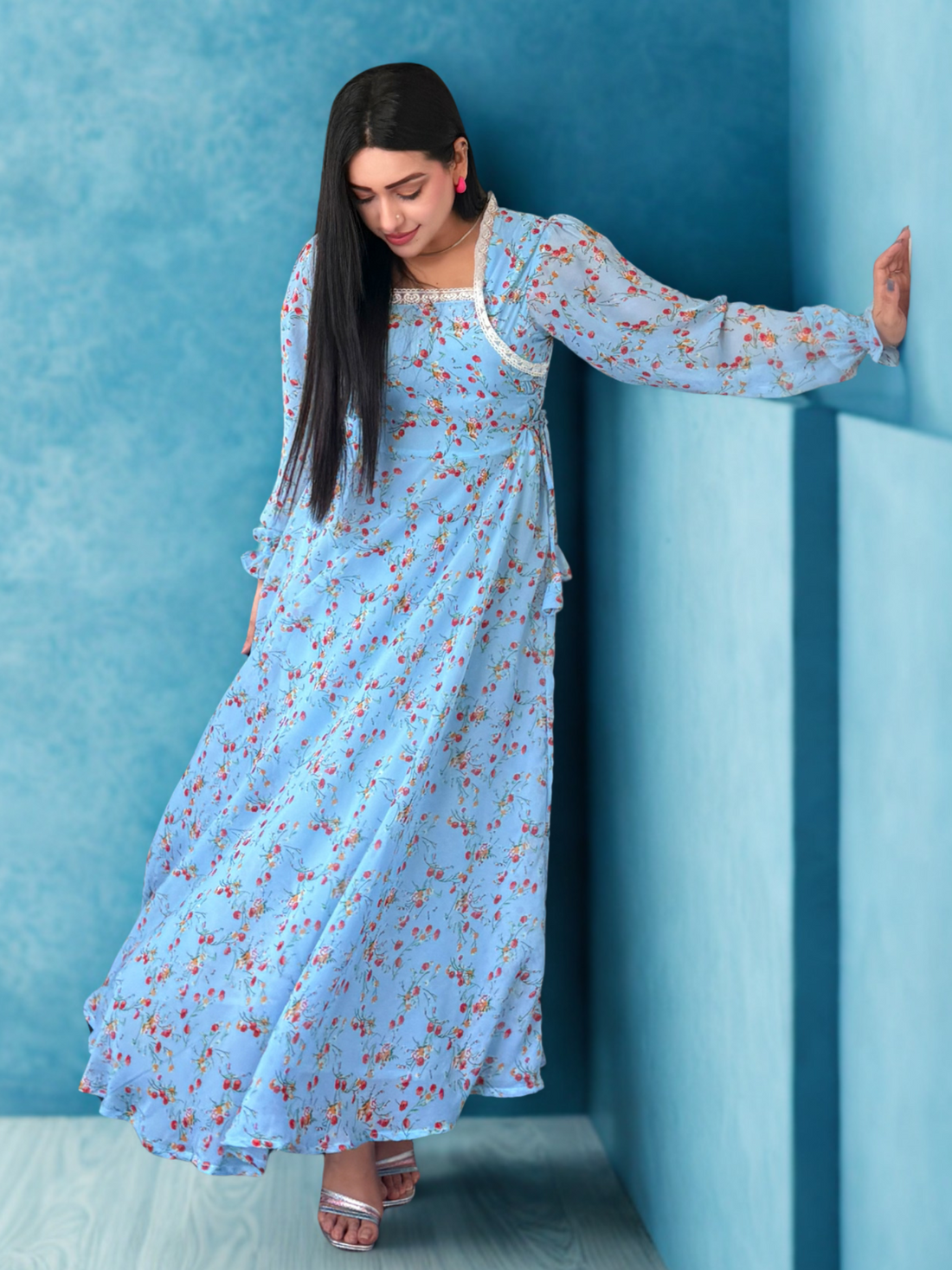 Chiffon Maxi With Lace  Under Soft Lining Attatched(1 PC)